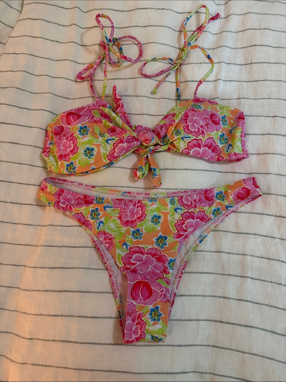 SHEIN Pink & Yellow Floral Tie-Front Bikini